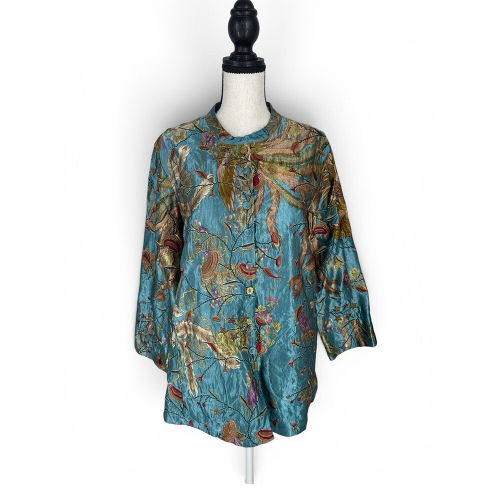 Citron Santa Monica Silk Asian Floral Bird Jacquard Embroidered Top Runs Like L